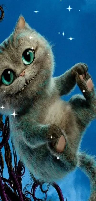 Fantasy cat with blue eyes on a sky background wallpaper.