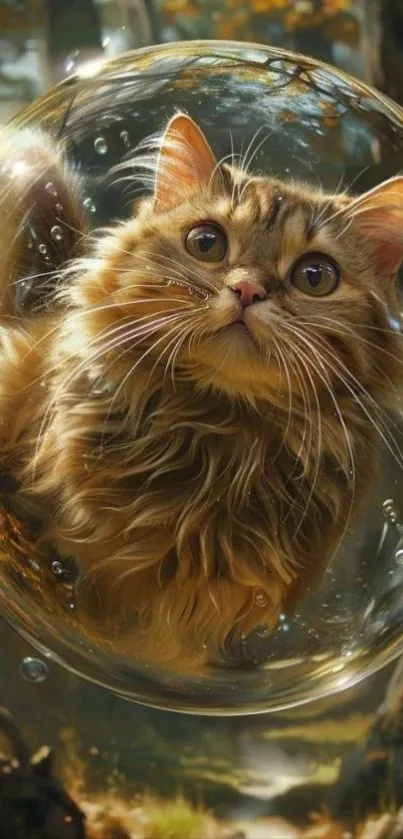 Fluffy cat inside a bubble in a forest.