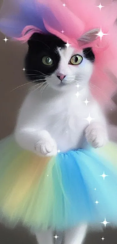 Cat dressed in a colorful tutu with a pastel headdress in a whimsical style.