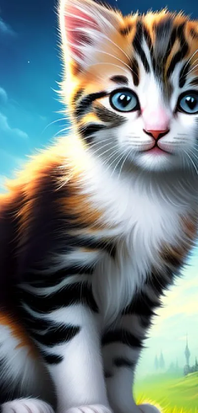 Adorable kitten with fantasy castle under a vivid blue sky.