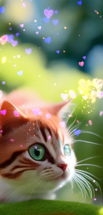 Whimsical cat with green eyes in a vibrant green landscape.