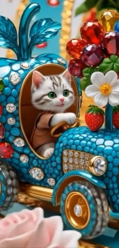 Playful cat in jeweled car with flowers.