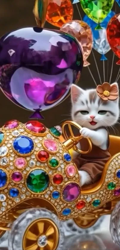 Whimsical cat in jeweled carriage with colorful balloons