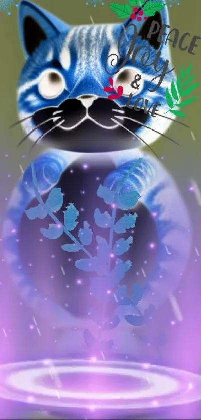 Whimsical blue cat with cosmic vibes and 'Peace, Joy & Love' text.