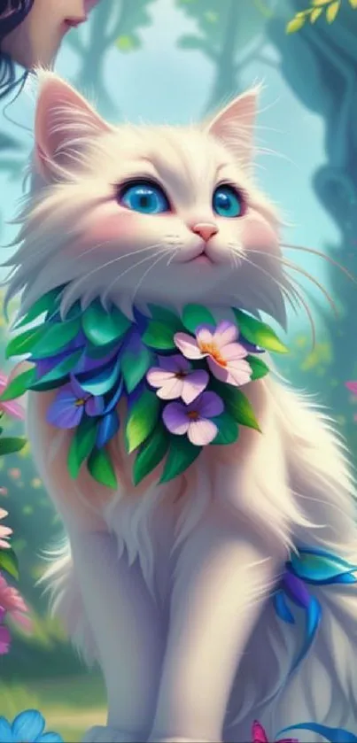 Whimsical cat surrounded by colorful flowers in a fairyland setting.