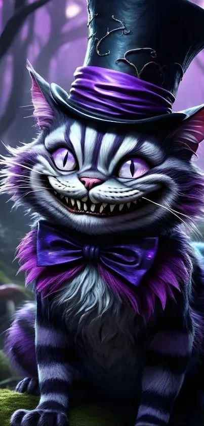 Whimsical purple cat with top hat and mischievous smile in a fantasy setting.