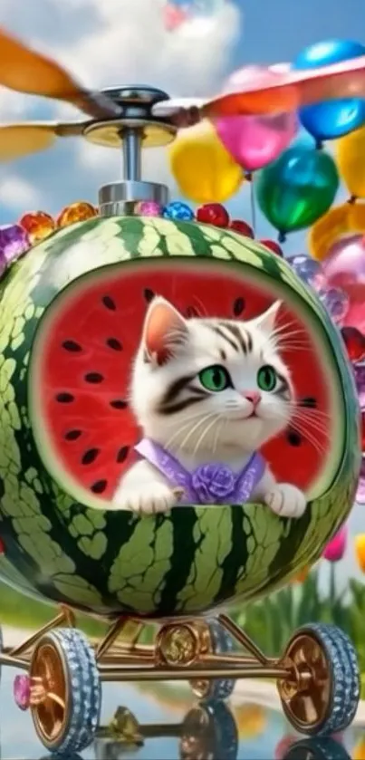 Cat sitting in a watermelon helicopter.