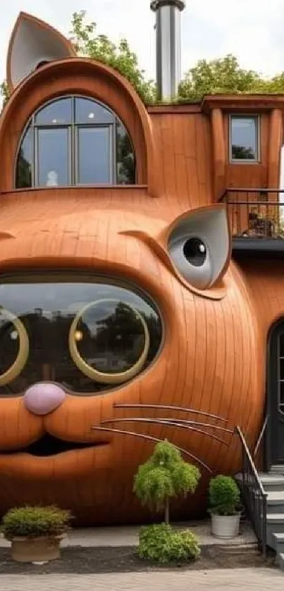 Whimsical cat-shaped house with unique design.