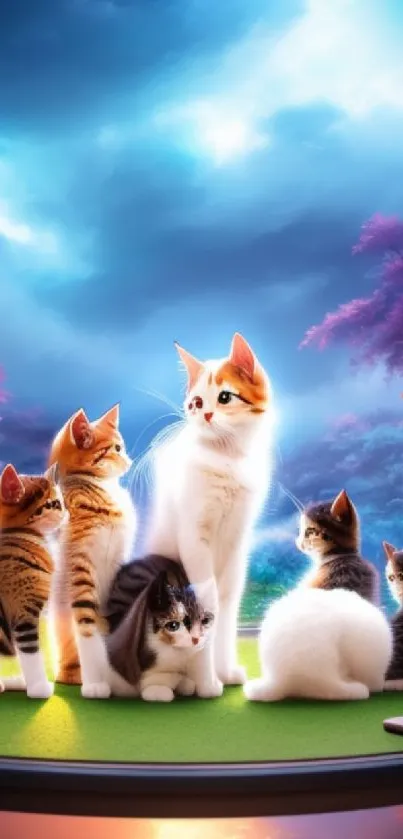 Adorable kittens under a twilight sky with stars.