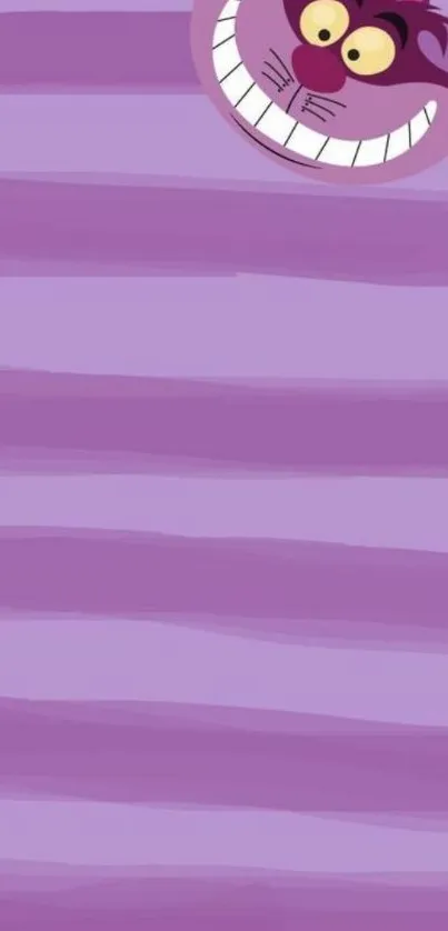 Cheshire Cat peeking from purple striped background.