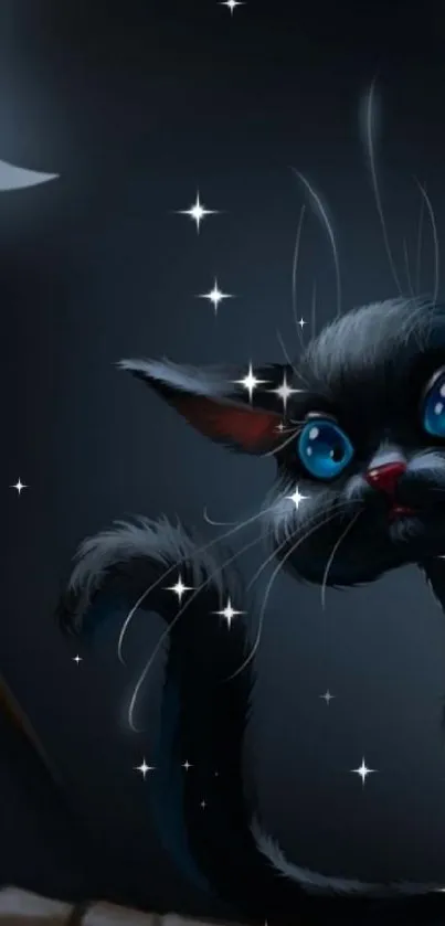 Whimsical black cat with blue eyes under moonlit sky wallpaper.