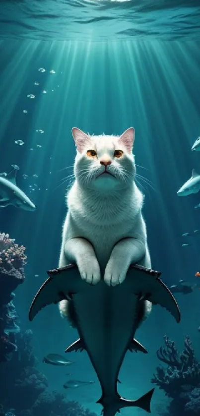 Cat riding a shark underwater with corals and fish.