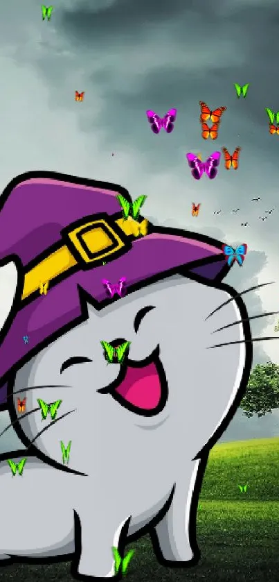 Cute cartoon cat in witch hat with a cloudy background.