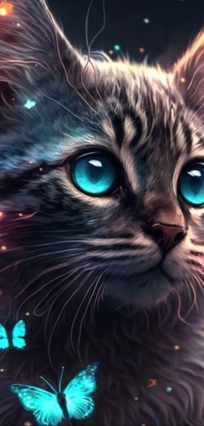 Whimsical cat with glowing butterflies floating around.
