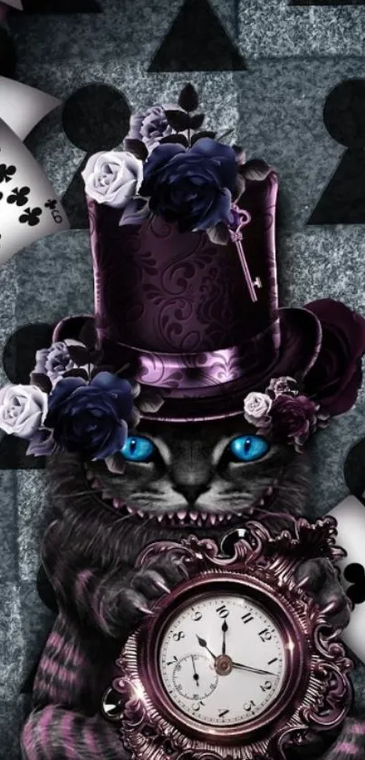 Surreal cat in a top hat with playing cards and a clock on a dark background.