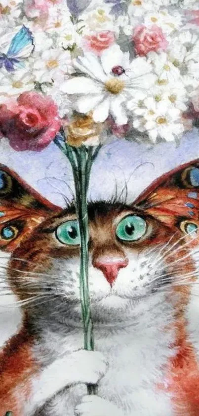 Whimsical cat with butterfly ears holding a floral bouquet in artistic mobile wallpaper.