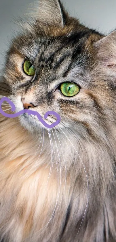 Fluffy cat with green eyes and purple moustache.