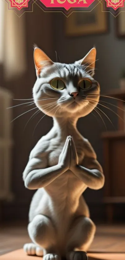 A cat practicing yoga in a serene room setting, showcasing a playful meditation pose.