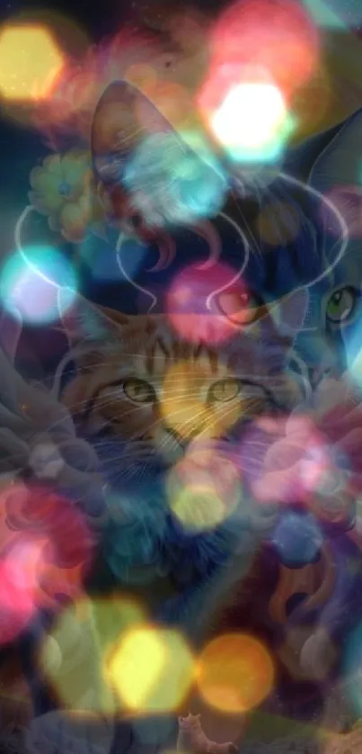 Whimsical cats with colorful bokeh lights creating a dreamy effect.