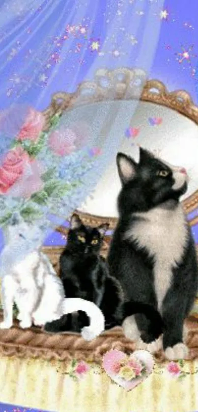 Whimsical cats by a vintage mirror with roses and a blue starry background.