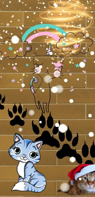 Whimsical cartoon cats with rainbow and paw prints on golden background.