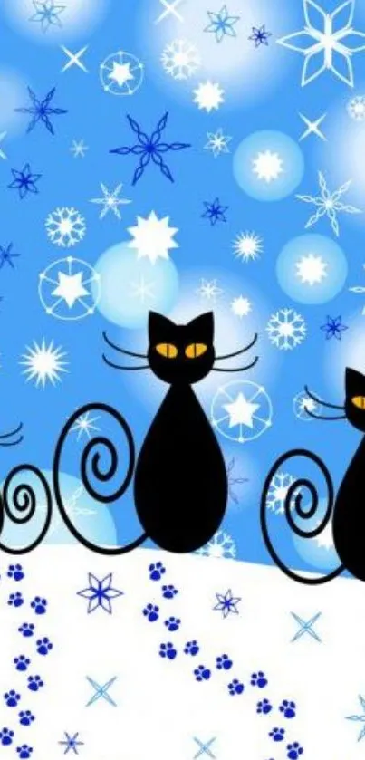 Three black cats on snowy blue background with snowflakes and stars.