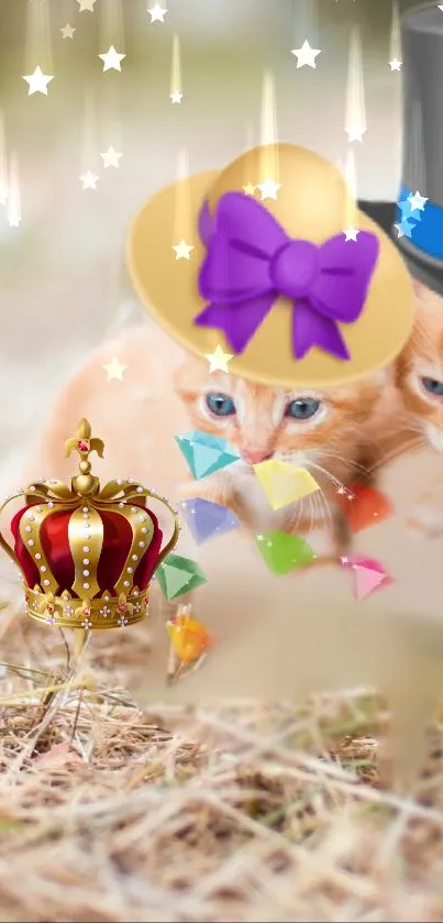 Two whimsical kittens wearing hats on a starry background.