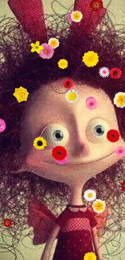 Whimsical cartoon character with wild, curly hair on phone wallpaper.