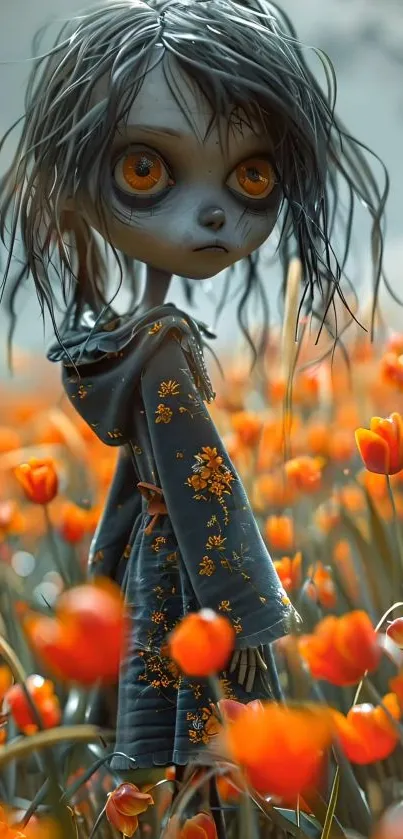 Whimsical character amidst vibrant orange tulips in a dreamy setting.