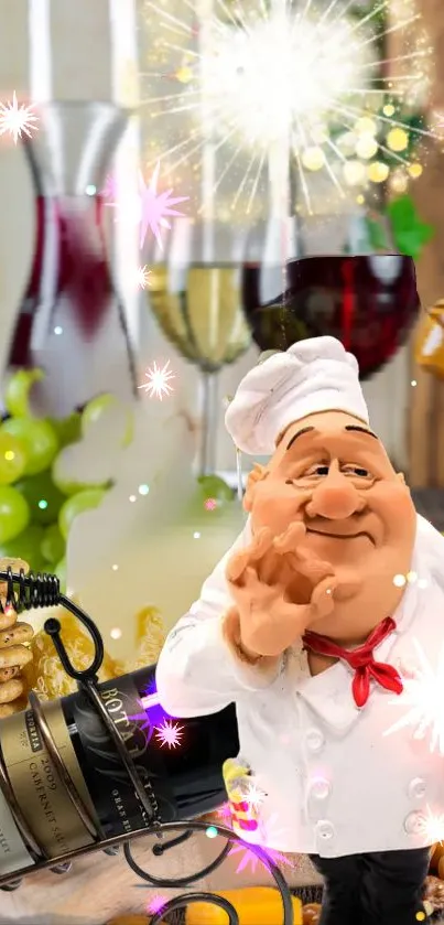 Mobile wallpaper with whimsical chef and culinary elements.