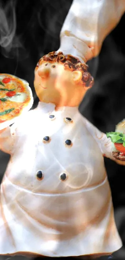 Chef figurine with pizza and burger against a smoky background.