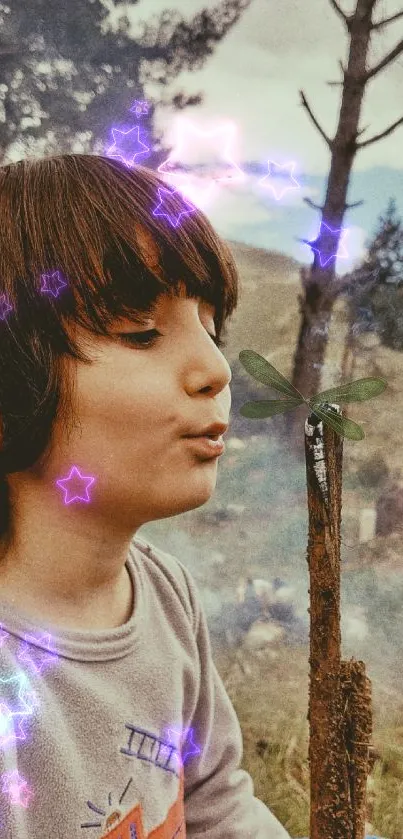 Child blowing on a dragonfly stick with glowing star effects in nature setting.