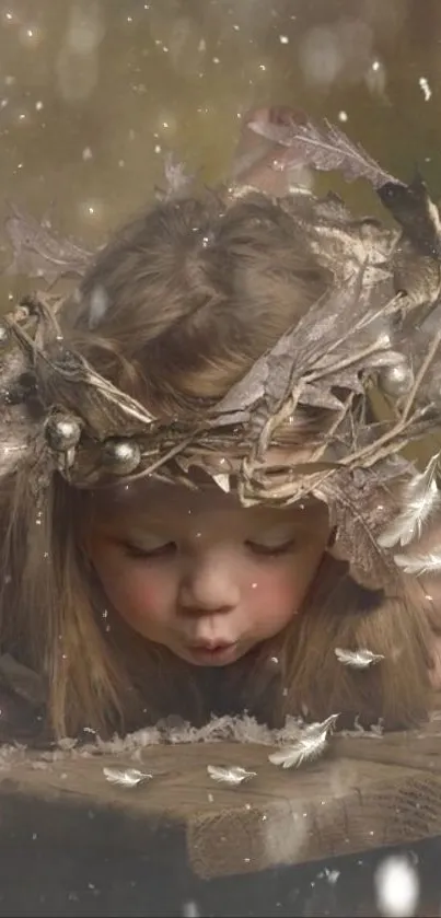 Whimsical child with a leaf crown blowing leaves in an autumn setting.