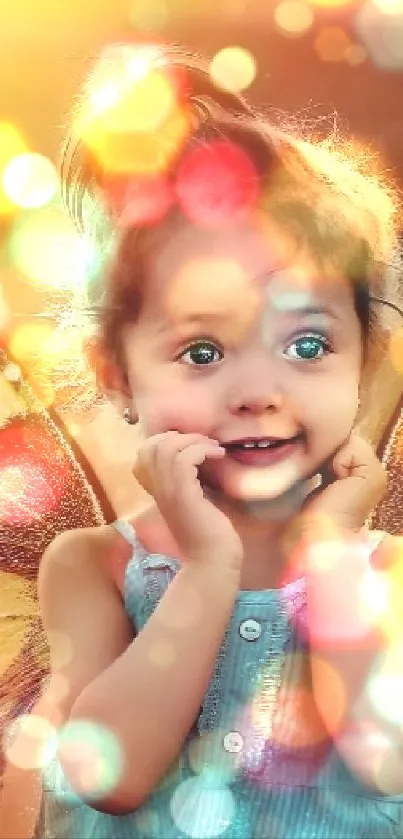 A child with butterfly wings in a golden, bokeh-filled scene.