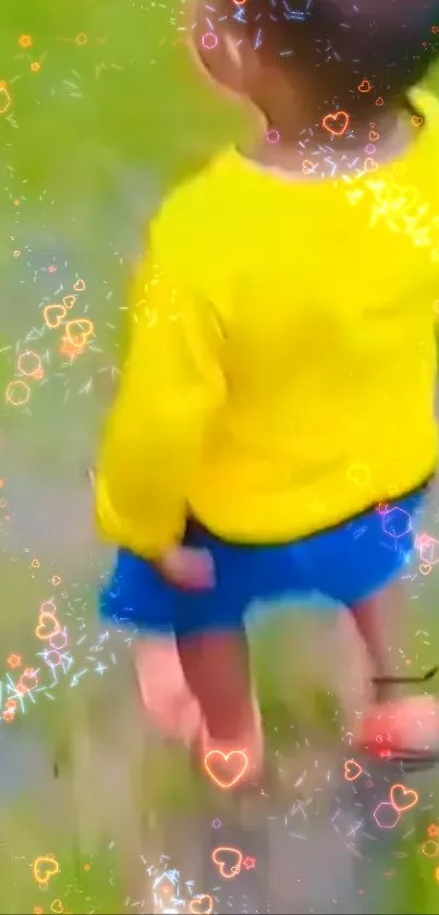 Child in yellow and blue outfit walking on grass with heart effects.