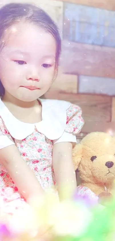 Cute child with teddy bear in a pastel-colored setting.