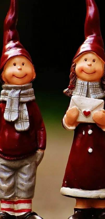 Whimsical Christmas figurines with red hats and outfits on a festive mobile wallpaper.