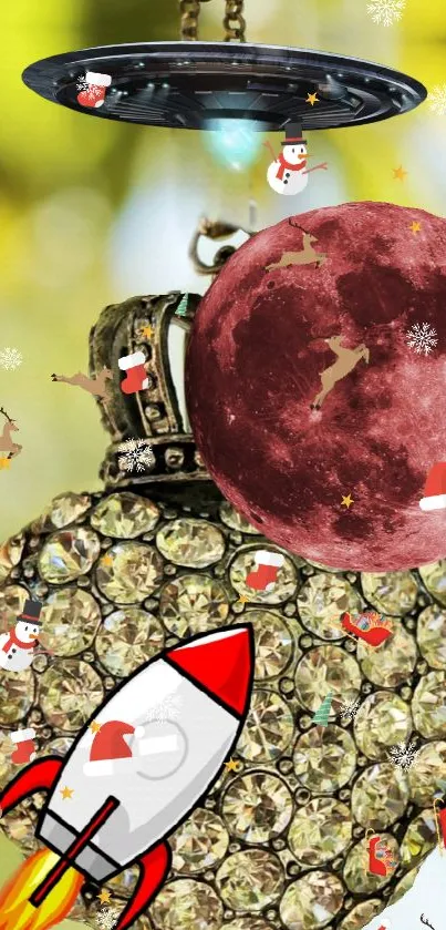 Festive wallpaper with rocket and red moon in whimsical Christmas scene.