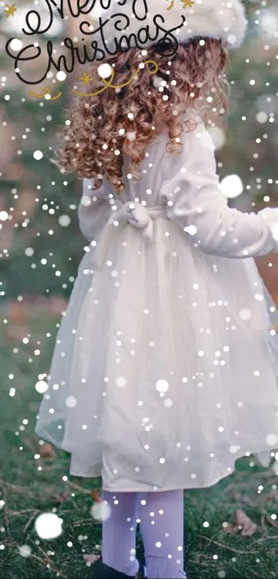 Young girl in white with snowflakes in a festive, outdoor Christmas setting.