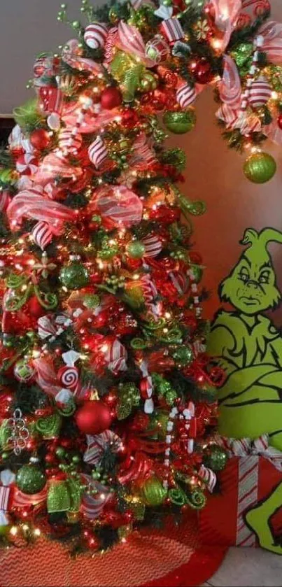 Whimsical Christmas tree with Grinch theme decorations.