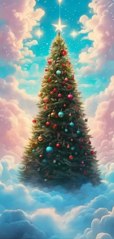 Whimsical Christmas tree with colorful ornaments and a starry sky backdrop.