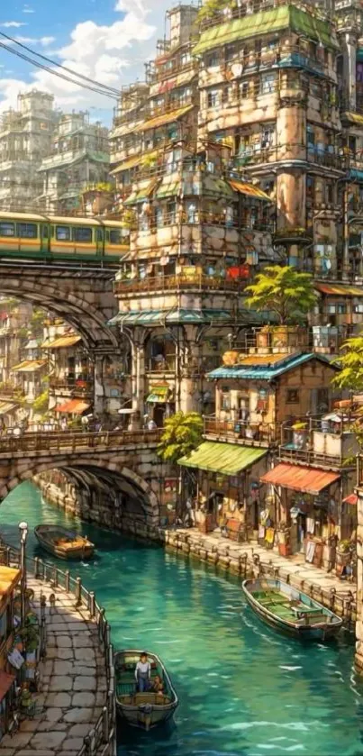 Whimsical cityscape with many buildings and a train overpass.