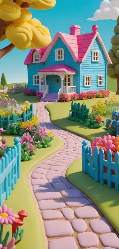 Colorful clay house in a whimsical garden, ideal as a lively mobile wallpaper.