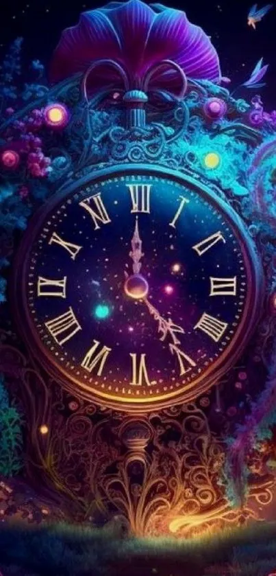 Whimsical fantasy clock with colorful, intricate details in a mystical art style.