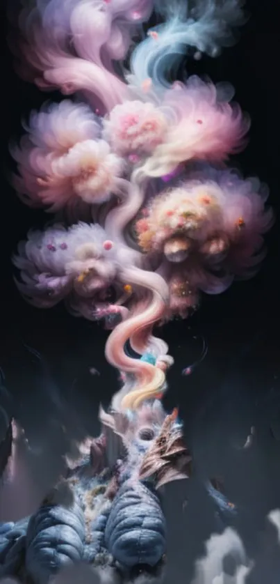 Whimsical pastel cloud fantasy art on a mobile wallpaper.