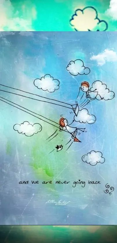 Children swinging among clouds with a sky-blue background.