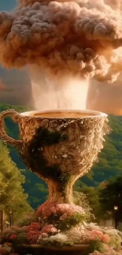 Giant ornate coffee cup erupts clouds in village scene.