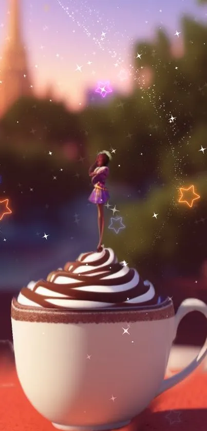 Whimsical wallpaper with coffee and stars.