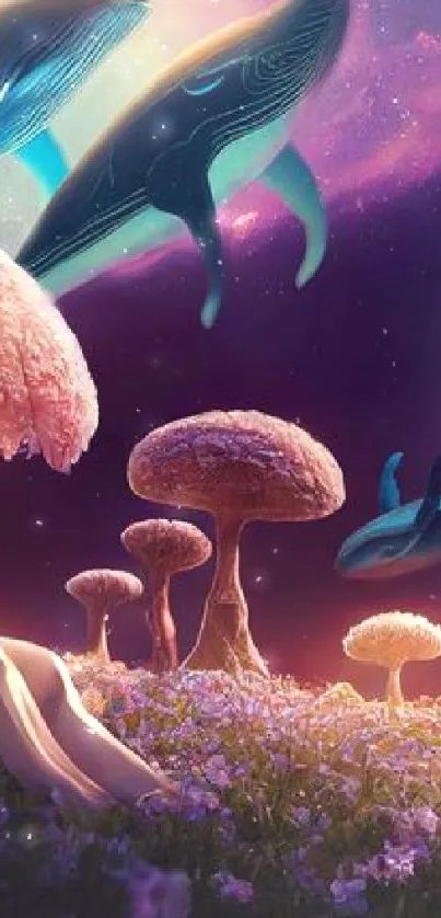 Fantasy scene with whales, pink trees, and a cosmic backdrop.