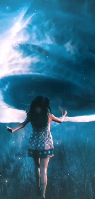 Girl entering a cosmic vortex in a dreamy night landscape.